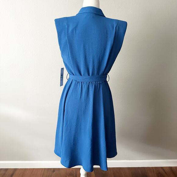 Calvin Klein Blue Button Front Structured Shoulder Tie Waist Dress Size 8 NEW - Picture 5 of 10